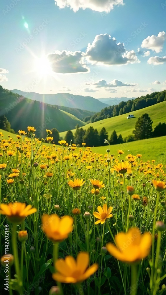 Fototapeta premium Landscape green meadow with vibrant wildflowers — yellow, red, and purple, golden sunlight. Mountain in the background, spring, gardening, poster, postcard, screensaver, wallpaper