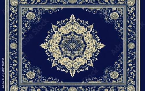 Intricate navy blue rug with cream floral mandala design and ornate border.