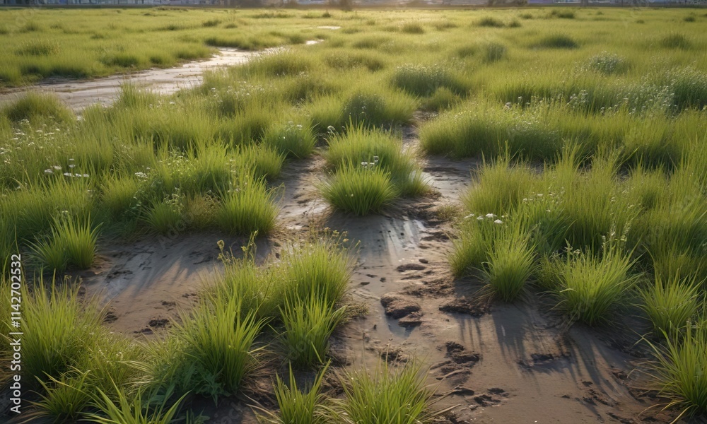 Faded green grass with scattered mud puddles and overgrown weeds on a neglected football field at dusk , #grungeatmosphere, #mudpuddles Faded green grass with scattered mud puddles and overgrown weeds on a neglected football field at dusk , #grungeatmosphere, #mudpuddles
