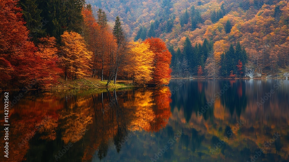 Naklejka premium A serene autumn landscape with colorful trees reflected in water.