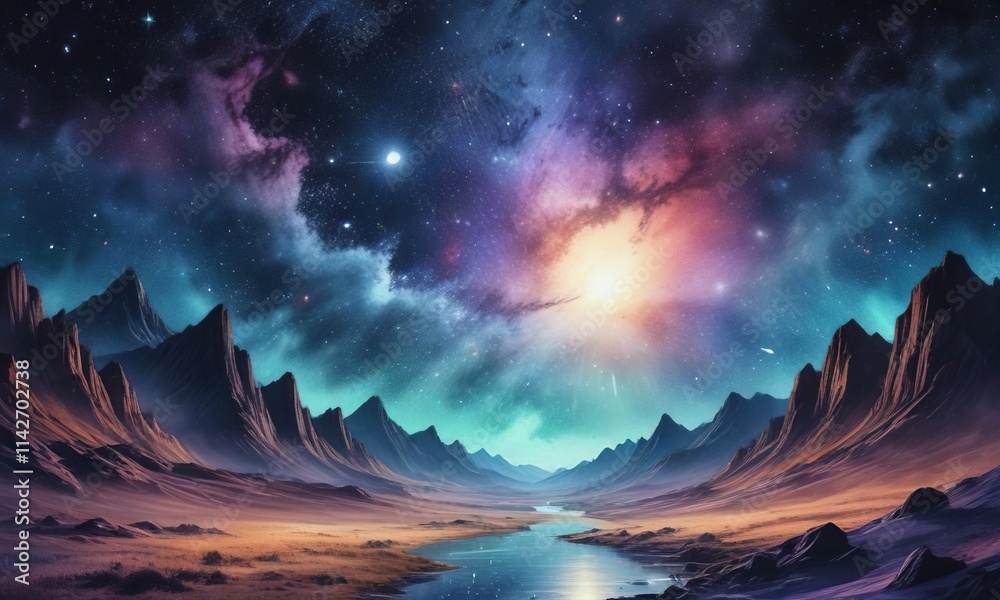 Naklejka premium Fantasy watercolor painting of a cosmic starry night, universe, cosmic, stars