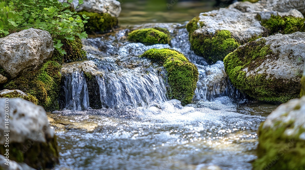 A serene stream flowing over mossy rocks in a tranquil setting. A serene stream flowing over mossy rocks in a tranquil setting.
