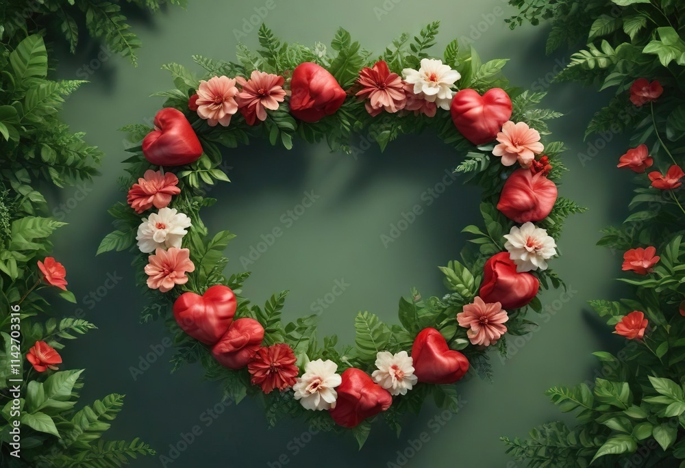 Floral wreath made up of intertwined hearts surrounded by lush greenery, nature, delicate, romantic, flowers, greenery