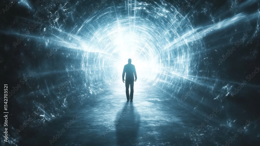 A silhouette walks towards a bright, ethereal tunnel of light, symbolizing hope or transition. A silhouette walks towards a bright, ethereal tunnel of light, symbolizing hope or transition.