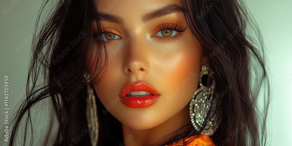 Fototapeta premium Young woman with striking makeup and stylish earrings posing against a subtle backdrop while showcasing her confident expression and captivating beauty in a bright and vibrant setting