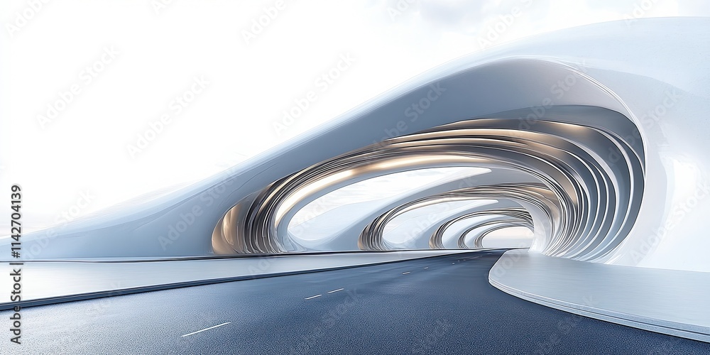  Modern futuristic tunnel with sleek, curved white designs and flowing metallic details, creating artistic infrastructure.