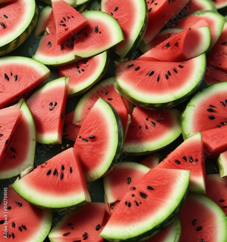 Fresh watermelon kernels in a green fruit skin, flesh, vegetarian photo