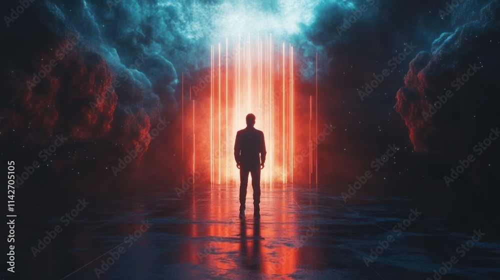 A silhouetted figure stands before a glowing portal in a surreal, atmospheric environment. A silhouetted figure stands before a glowing portal in a surreal, atmospheric environment.