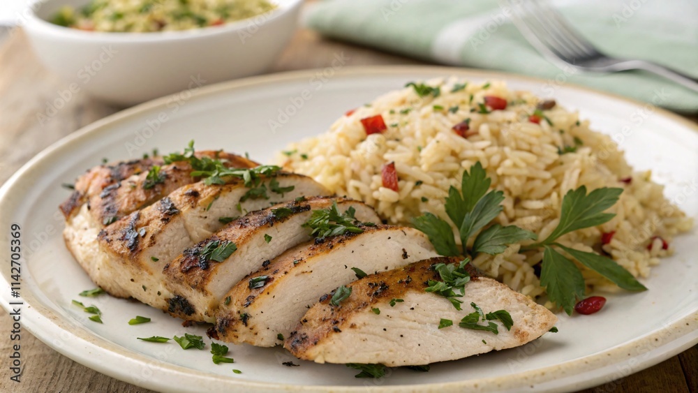 Grilled Chicken with Bulgur, Fresh Salsa, and Herb Garnish Illustration V8 Grilled Chicken with Bulgur, Fresh Salsa, and Herb Garnish Illustration V8