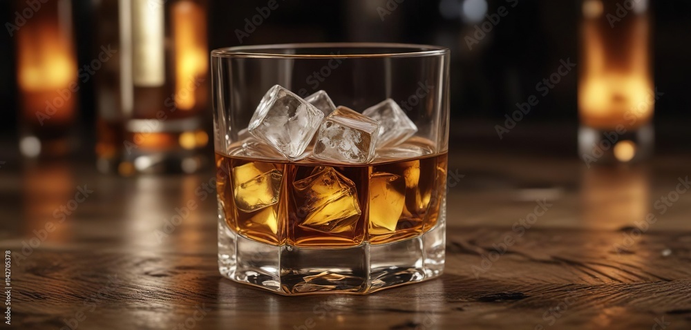 Glass of whiskey with ice cubes on rustic wooden table in dimly lit bar, ice cubes, wooden table Glass of whiskey with ice cubes on rustic wooden table in dimly lit bar, ice cubes, wooden table