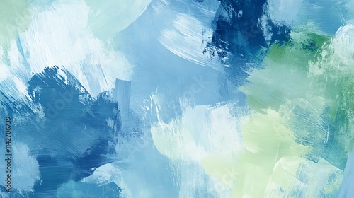 An abstract painting with blue and green brush strokes and textures.