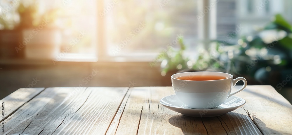 A serene cup of tea on a wooden table, illuminated by sunlight. A serene cup of tea on a wooden table, illuminated by sunlight.