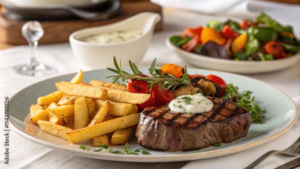 Grilled Steak with Herb Sauce, Crispy Fries, and Roasted Vegetables V6 Grilled Steak with Herb Sauce, Crispy Fries, and Roasted Vegetables V6