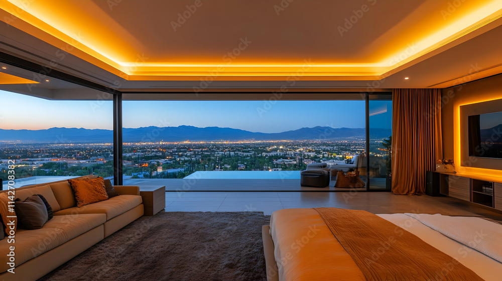 Fototapeta premium Luxury Bedroom with City View Illustration