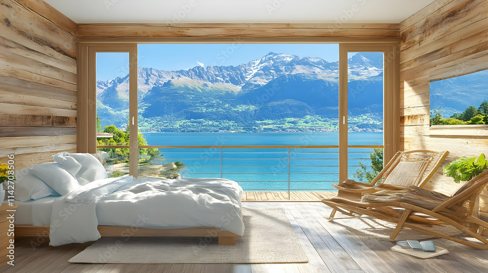 Fototapeta premium Serene Lake & Mountain View Bedroom 3D Illustration