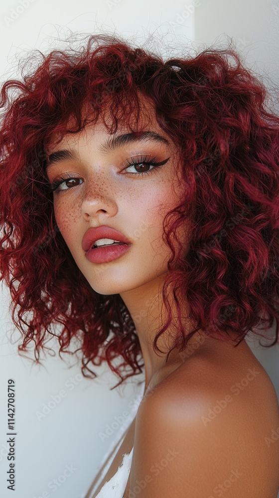 Portrait of a young woman with curly red hair showcasing her natural beauty and expressive features against a minimalist background Portrait of a young woman with curly red hair showcasing her natural beauty and expressive features against a minimalist background