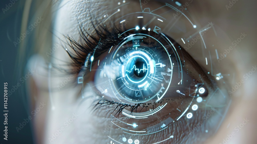 Closeup view of a high tech digital eye interface displaying futuristic visual data and information processing representing the concept of advanced intelligence and augmented reality technology Closeup view of a high tech digital eye interface displaying futuristic visual data and information processing representing the concept of advanced intelligence and augmented reality technology