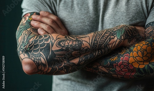Intricate tattoo designs displayed on muscular arms with vibrant colors and detailed patterns in a close-up view