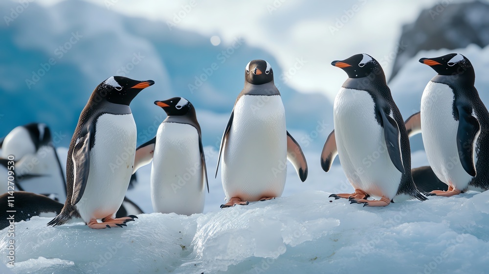Fototapeta premium Group of penguins gathering on icy terrain in a cold environment.