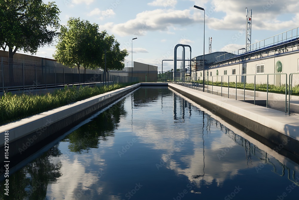 Naklejka premium Modern Water Treatment Plant: Serene Reflection