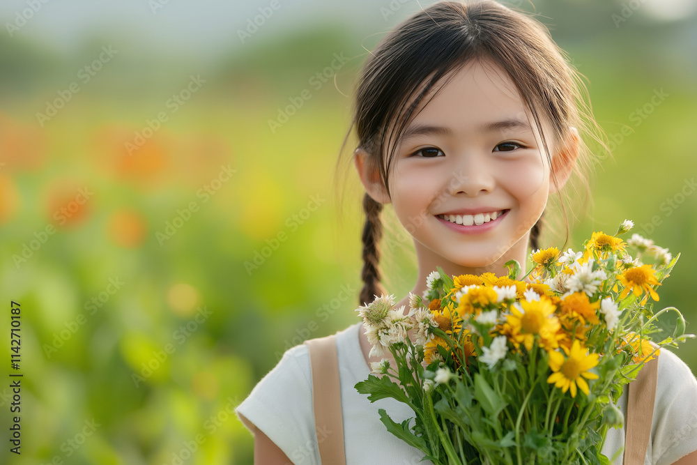 Young girl joyfully holding a vibrant bouquet of fresh flowers in a sunny field. Generative AI Young girl joyfully holding a vibrant bouquet of fresh flowers in a sunny field. Generative AI