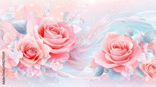 A close-up illustration of oversized pastel pink roses with intricate petals, adorned with flowing ribbons and floral details, perfect for an invitation template.
