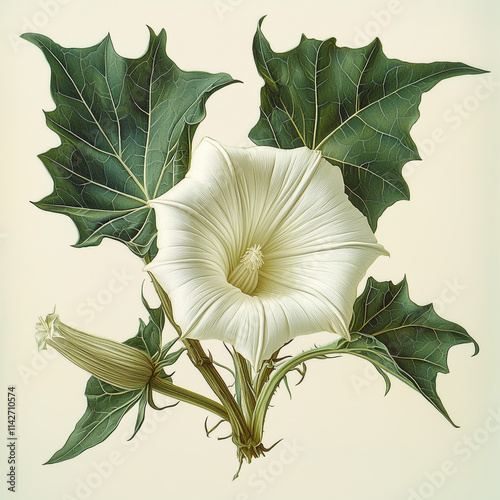 Poisonous botanical plant Medicinal herb Datura with white flower watercolor illustration isolated on white background

