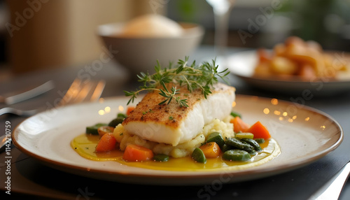 Grilled barramundi fillet with asparagus, cherry tomatoes, scallops, and yellow sauce, white plate