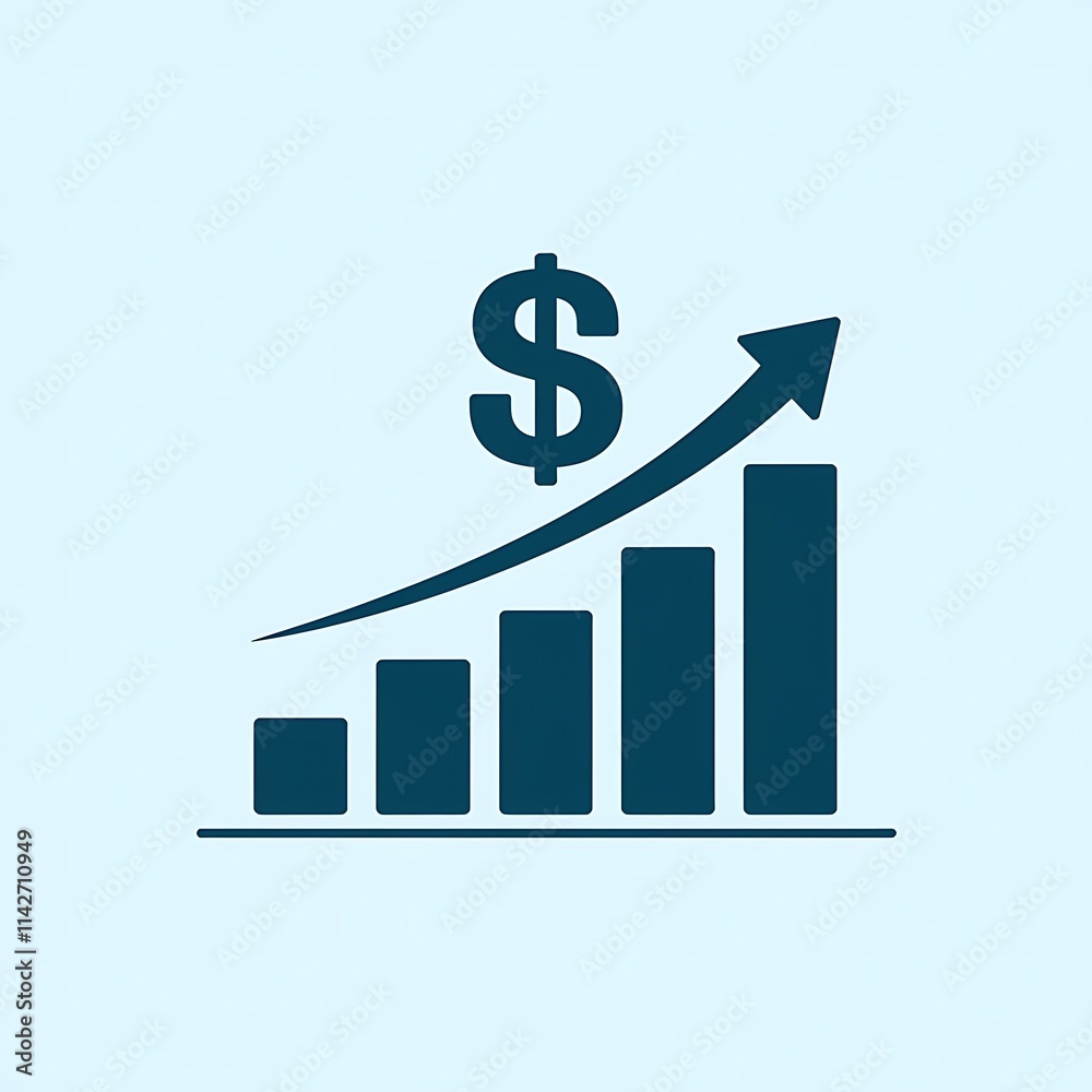 Vector Illustration of Blue Bar Chart with Ascending Bars, Upward Arrow, and Dollar Sign, Isolated on White Background Vector Illustration of Blue Bar Chart with Ascending Bars, Upward Arrow, and Dollar Sign, Isolated on White Background