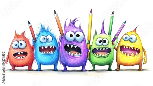 Colorful cute funny little monsters with coloring pencils on sketch book, children drawing white background	