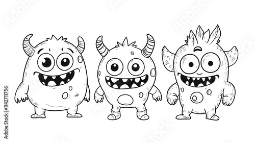 Cute funny little monsters in children coloring book style, black and white cartoon thick lines photo