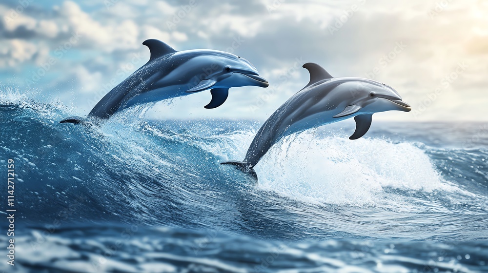 Fototapeta premium Two dolphins leap gracefully above the ocean waves under a blue sky.
