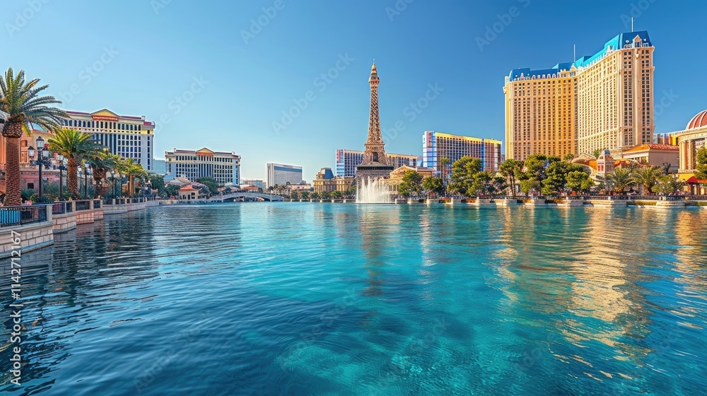 Obraz premium Scenic view of a water feature with buildings and a replica tower in a vibrant city.