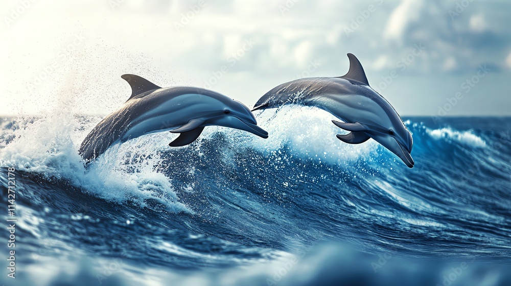 Fototapeta premium Two dolphins leap gracefully over the ocean waves.