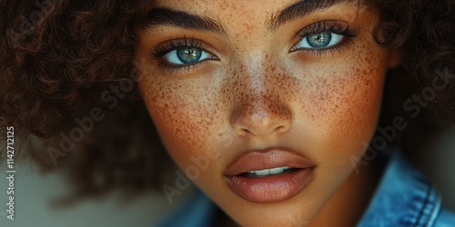 Close-up portrait of a young woman with curly hair, striking blue eyes, and freckles, showcasing natural beauty and a warm expression during a casual moment