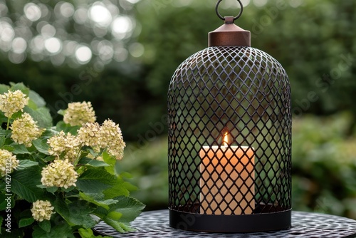 Lit candle in ornate metal lantern on garden table, near hydrangeas. photo