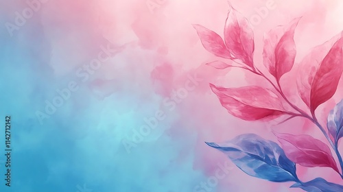 Watercolor Painting of Delicate Pink and Blue Leaves
