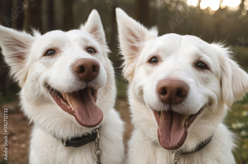 Happy White Dogs Smiling in a Sunny Park photo