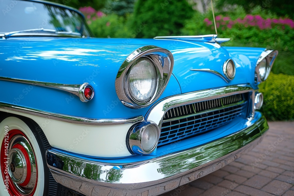 Fototapeta premium Classic blue vintage car showcasing elegant design details in a lush garden setting