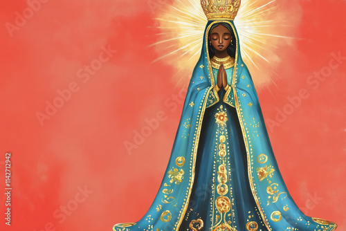 Golden crown, blue robe, and prayer define Mary as an African saint. Nossa Senhora Aparecida, mother of Jesus, is Brazil’s Catholic icon. photo