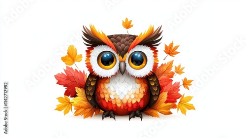 Charming Autumn cartoon owl clipart, showcasing a cute owl with bright autumnal colors like red, yellow, and brown, isolated on a white background photo