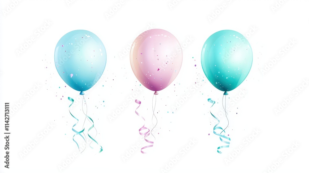 Charming flat vector art of three elegant balloons in gentle pastel colors, adorned with flowing watercolor ribbons, perfect for festive decor, isolated on white. Charming flat vector art of three elegant balloons in gentle pastel colors, adorned with flowing watercolor ribbons, perfect for festive decor, isolated on white.