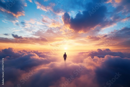 A silhouette stands amidst colorful clouds at sunset, evoking tranquility.