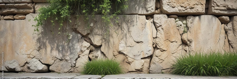 Overgrown grass growing through cracks in an ancient limestone wall, moss covered stone, cracked stone Overgrown grass growing through cracks in an ancient limestone wall, moss covered stone, cracked stone