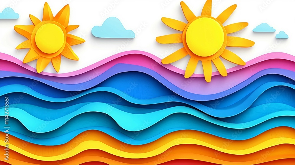 Colorful Paper Cut Waves and Sun Illustrations in Vibrant Design Colorful Paper Cut Waves and Sun Illustrations in Vibrant Design