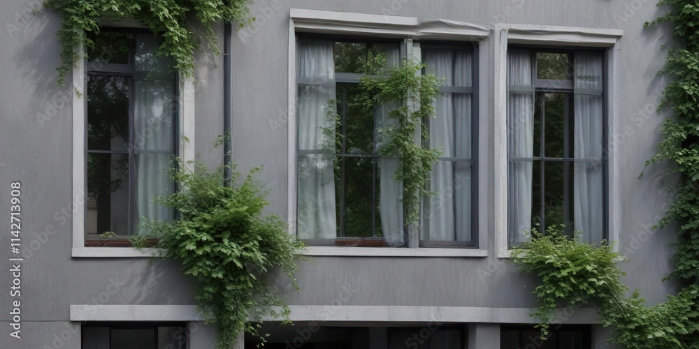 Panoramic shot of windows on a gray facade with green leaves fluttering in the wind, fluttering, wind, dynamic, motion, panoramic Panoramic shot of windows on a gray facade with green leaves fluttering in the wind, fluttering, wind, dynamic, motion, panoramic