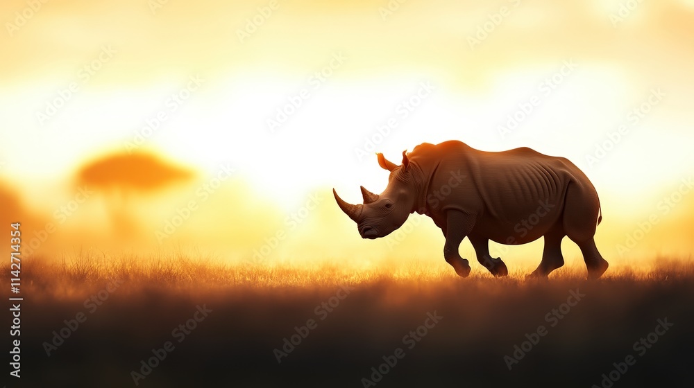 Obraz premium Majestic Rhinoceros Grazing in Lush Green Grassland Under Bright Blue Sky Evoking a Sense of Peace and Connection to Untamed Nature and Wildlife