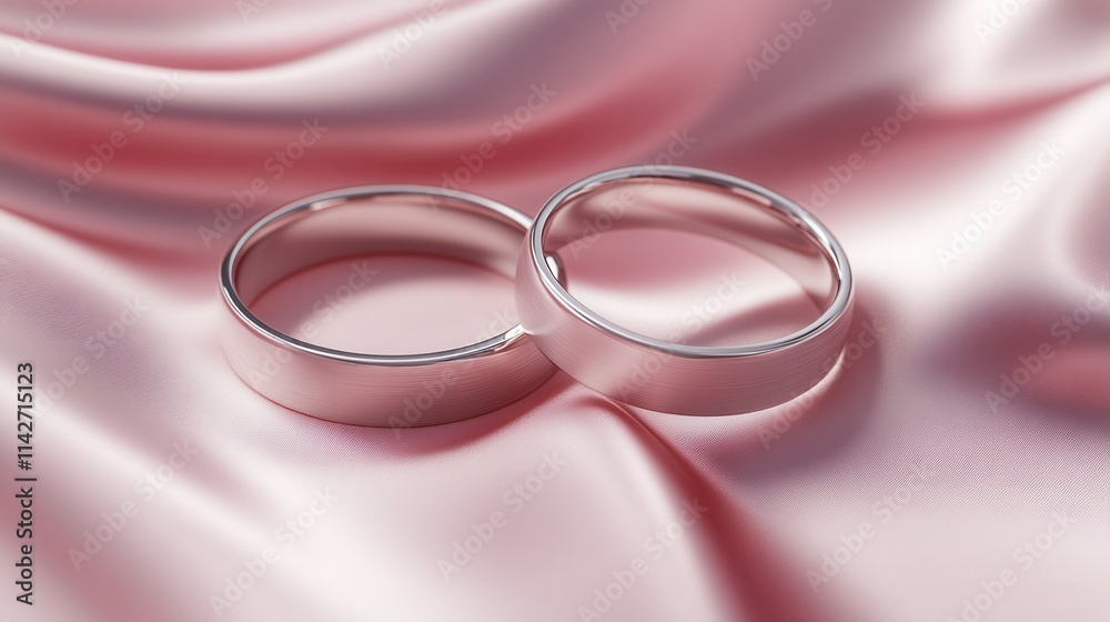 Elegant silver wedding bands resting on soft pink satin fabric, creating a romantic and timeless atmosphere for a special occasion or celebration of love Elegant silver wedding bands resting on soft pink satin fabric, creating a romantic and timeless atmosphere for a special occasion or celebration of love
