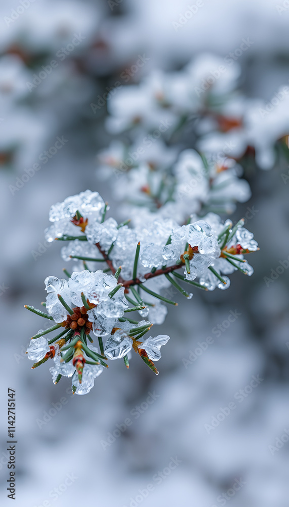Fototapeta premium winter macro photo spruce branch in ice crystals, with space for text, pop-art. isolated with white highlights