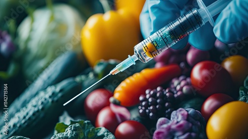 GMO food injection with syringe, needle alters organic vegetable DNA, biotechnology experiment in progress, biology research modifies genetics, background blurry